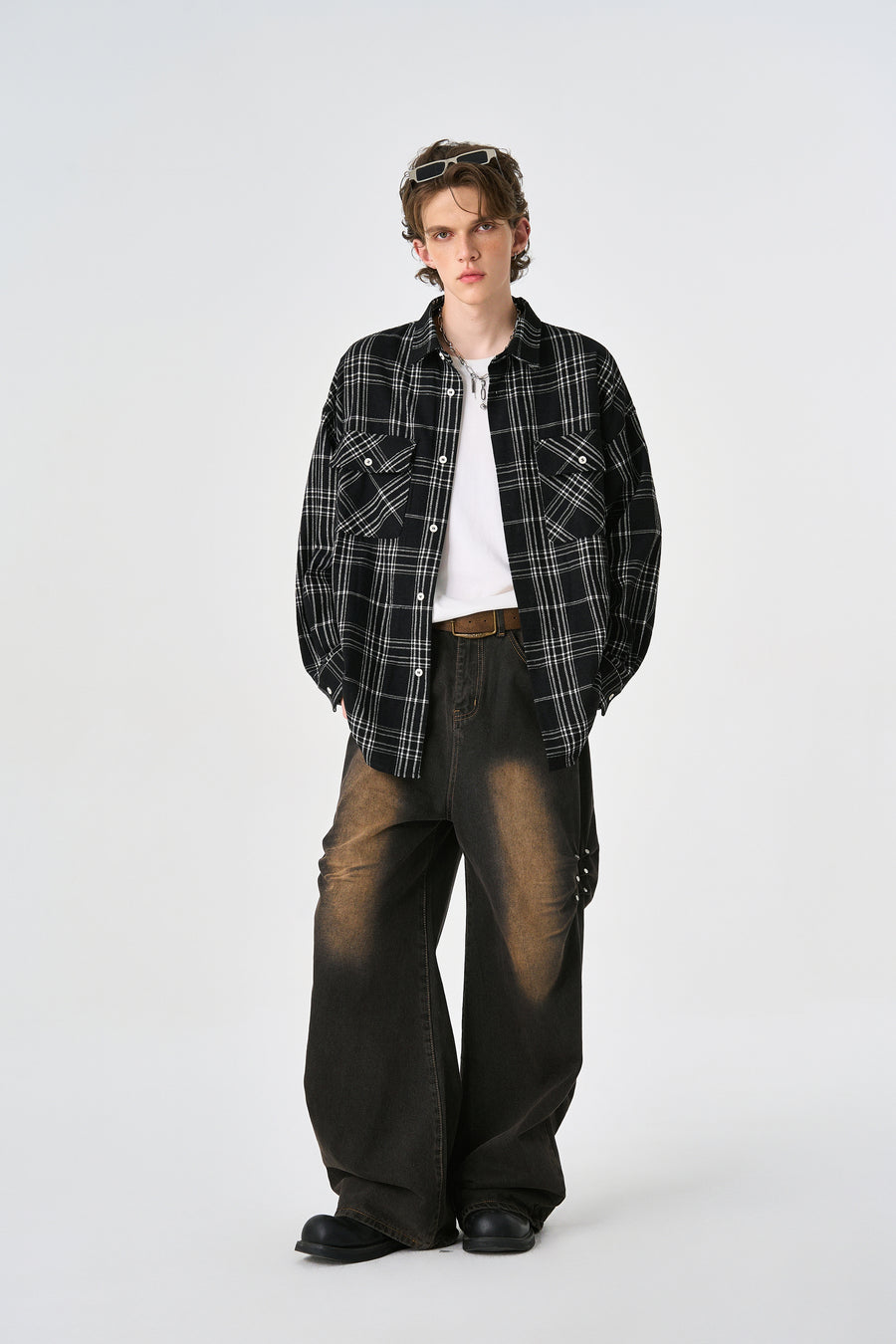 Black Chequered Plaid Utility Shacket Detail view | Weezy