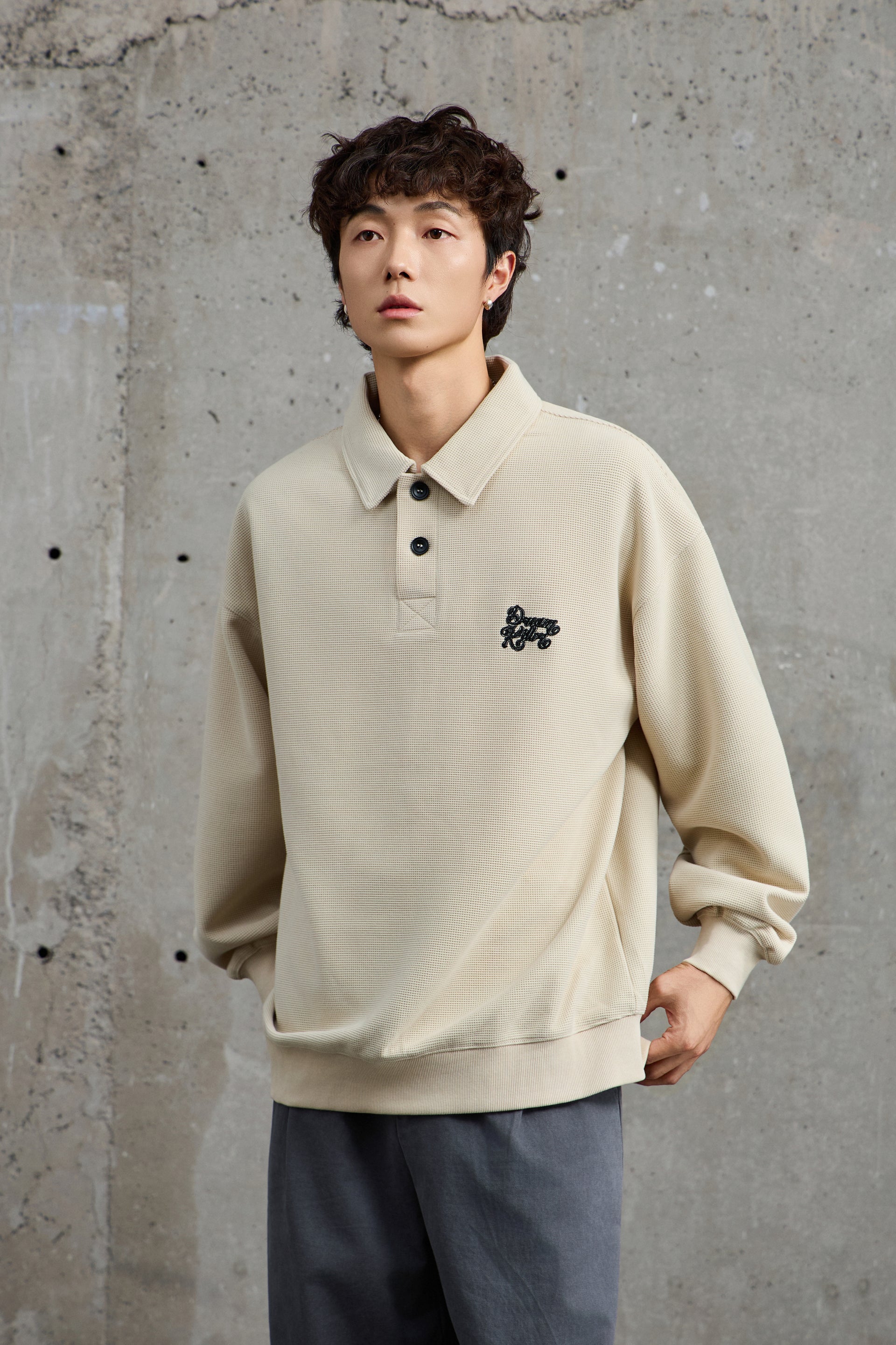 Cream Waffle Knit Collared Sweatshirt