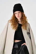 Cream Retro Rewind Leather Varsity Jacket Detail view | Weezy