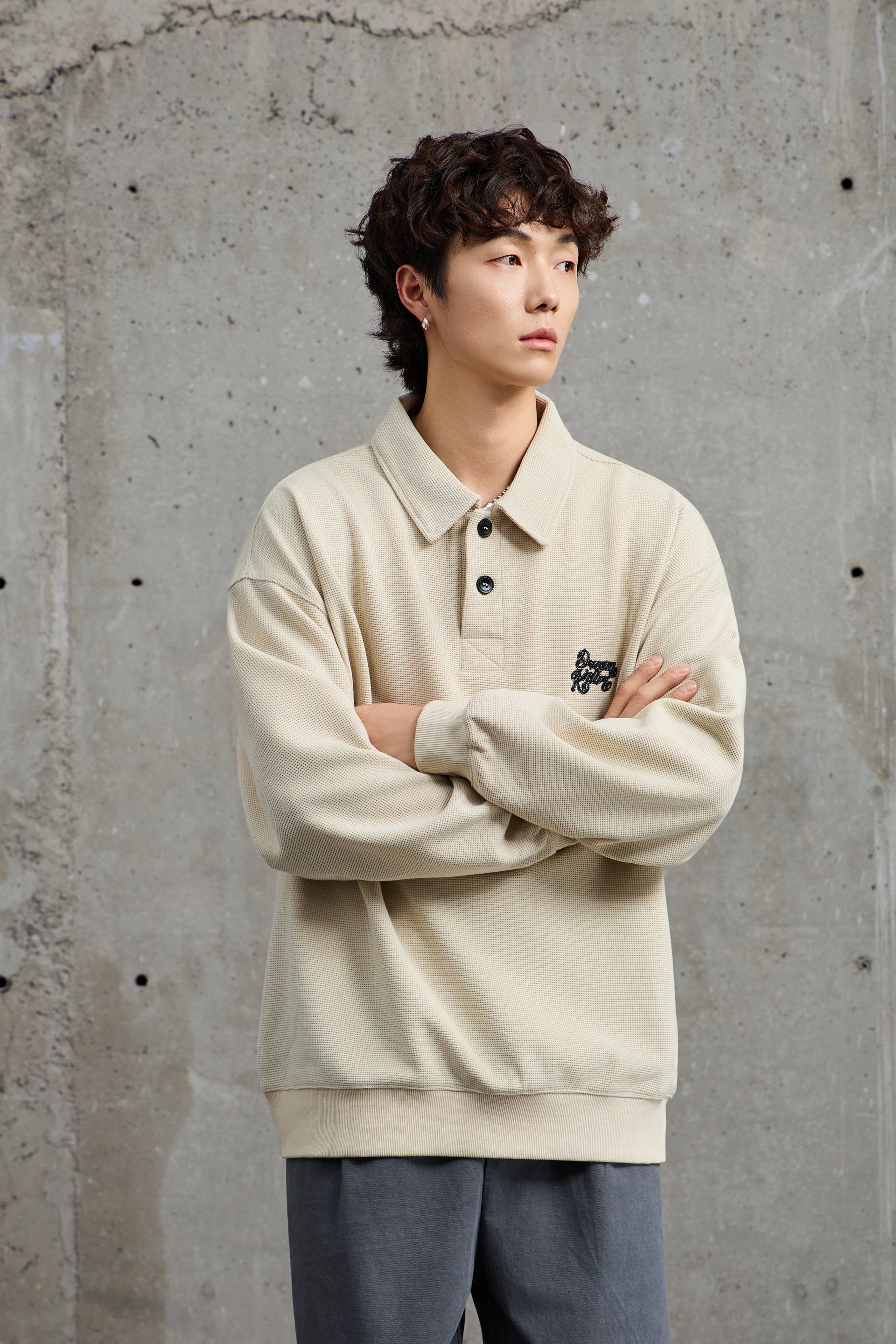 Cream Waffle Knit Collared Sweatshirt