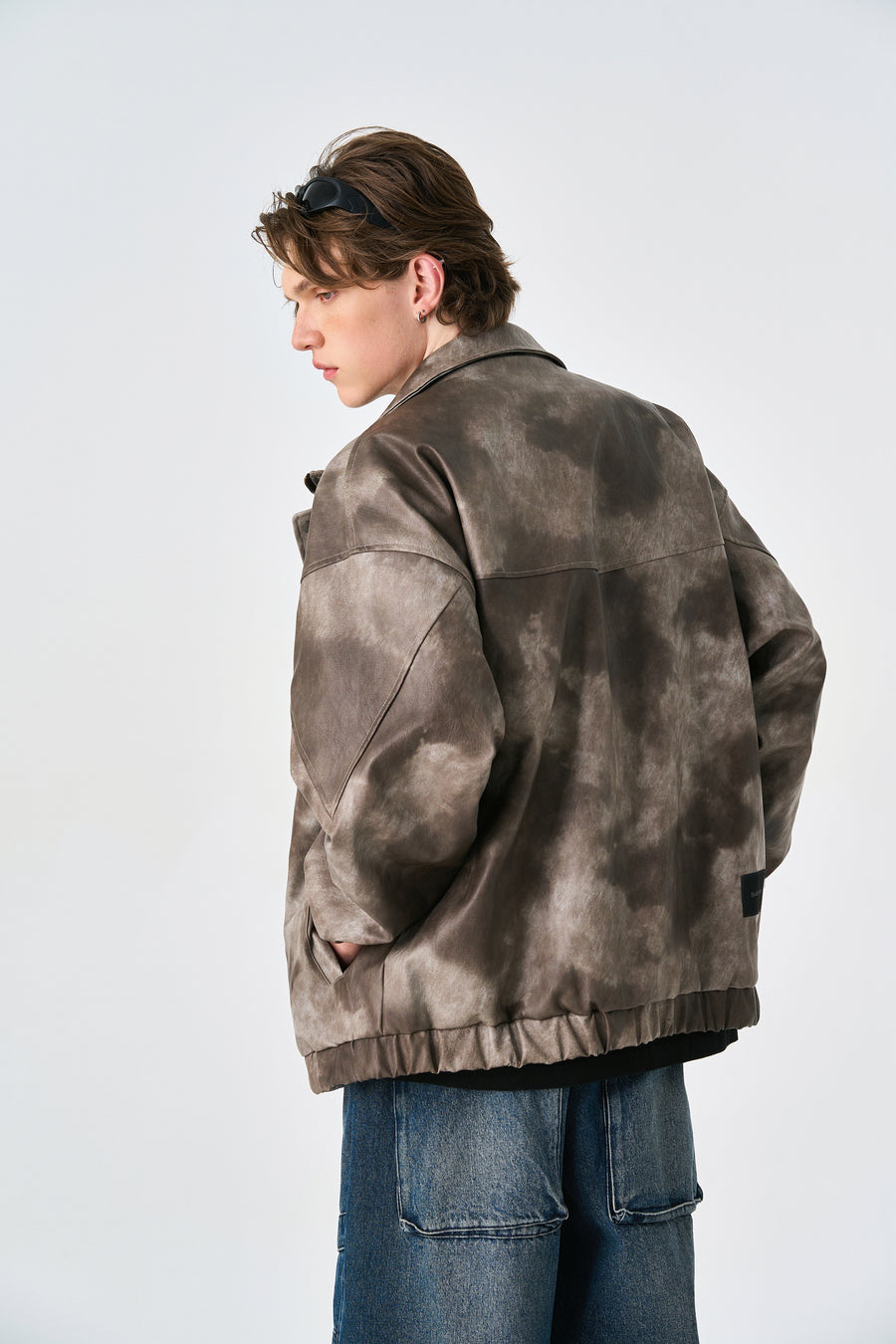 Camo Brown Oversized Bomber Leather Jacket Close-up | Weezy