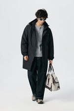 Jet Black Hooded Long Parka Close-up | Weezy