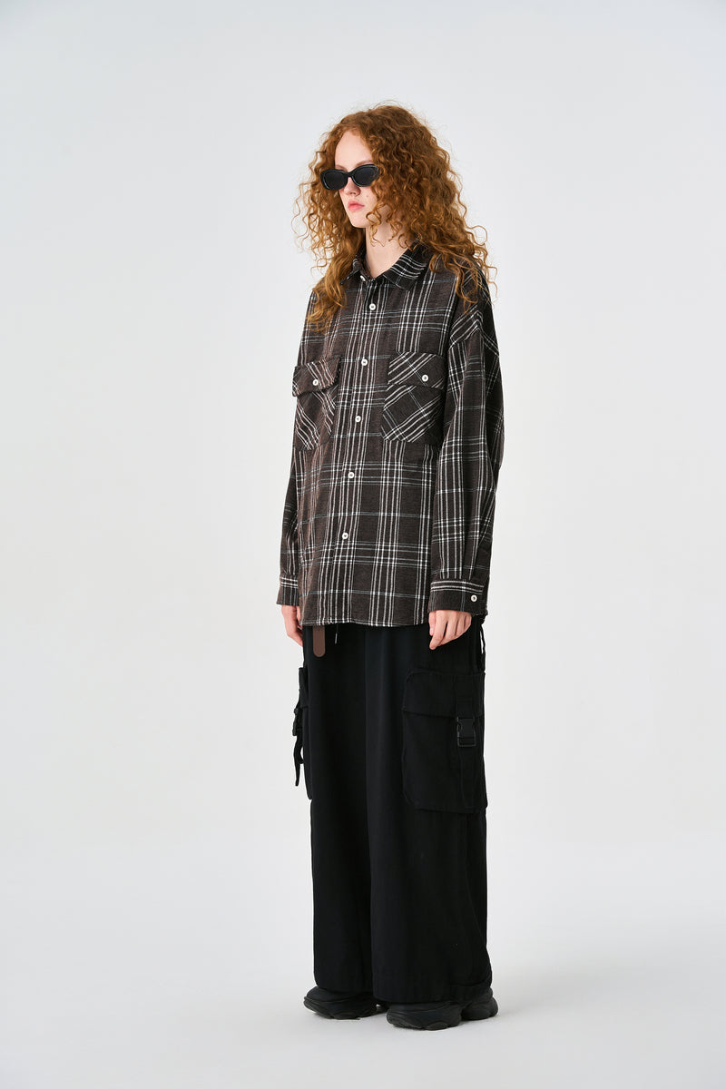 Brown Chequered Plaid Utility Shacket Flat lay | Weezy