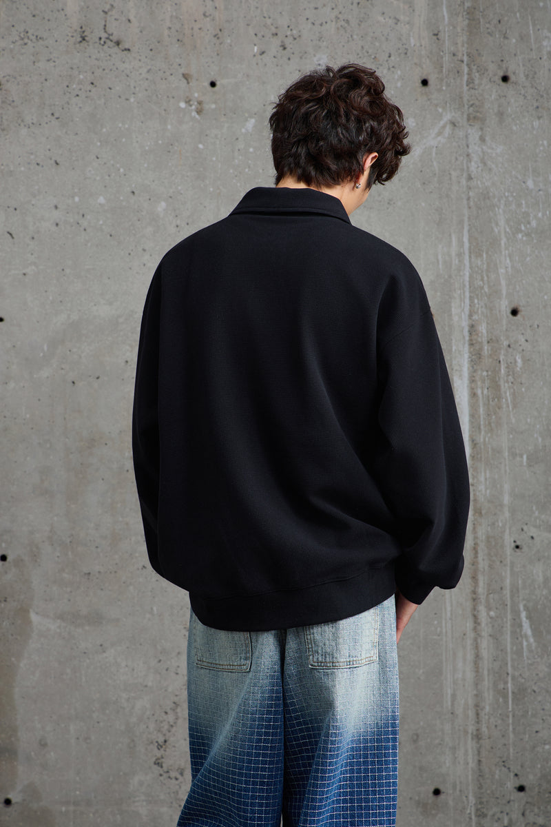 Jet Black Waffle Knit Collared Polo Detail view | Weezy