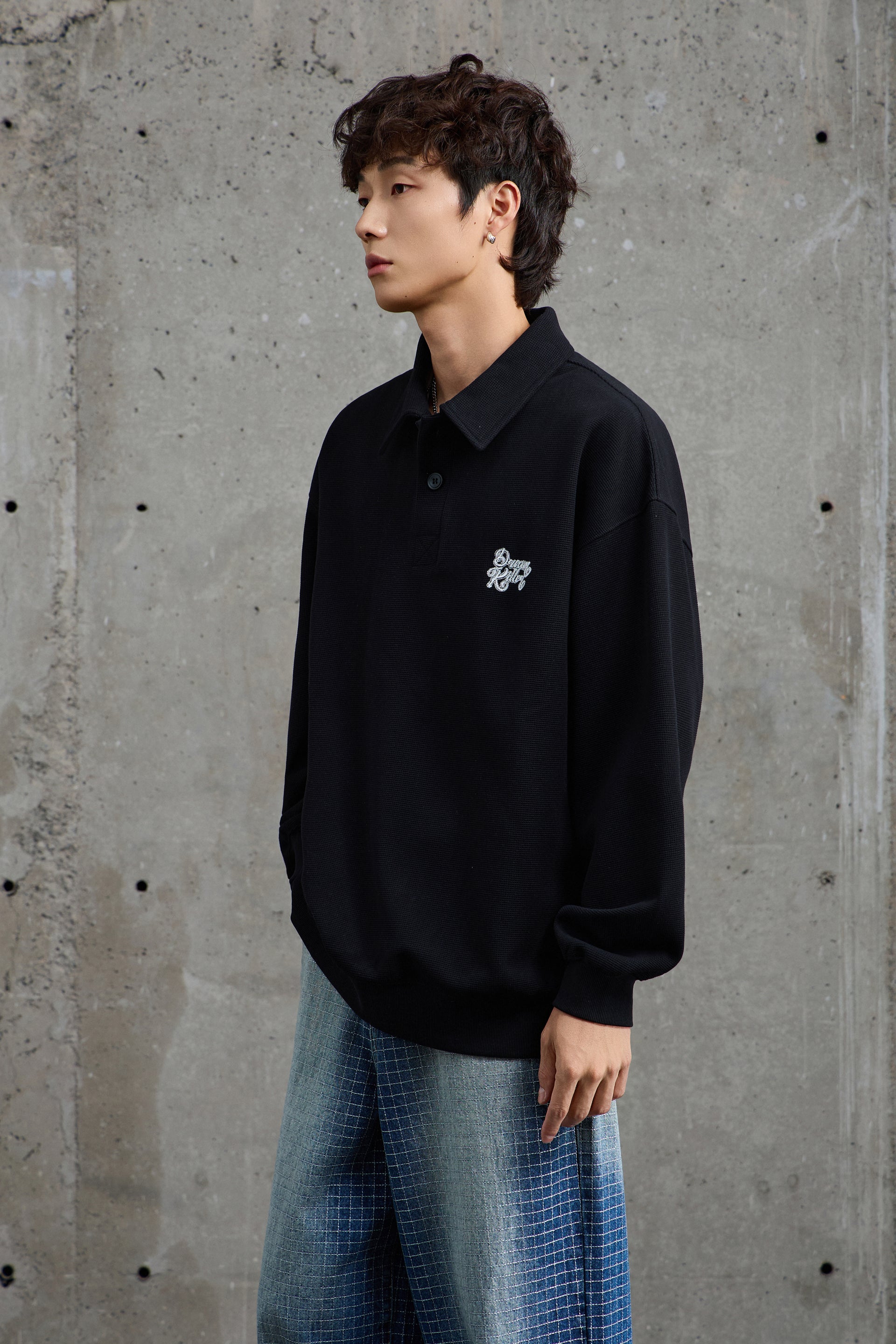 Jet Black Waffle Knit Collared Sweatshirt