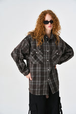 Brown Chequered Plaid Utility Shacket Back view | Weezy