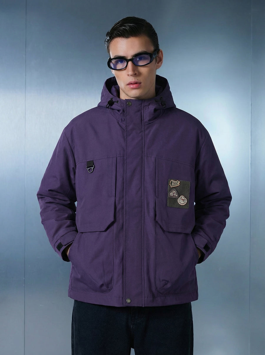 Purple Hooded Cargo Jacket Front view | Weezy