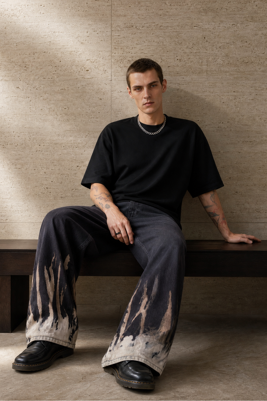 Man in plain black oversized t-shirt and dark jeans — Weezy Everyday menswear collection
