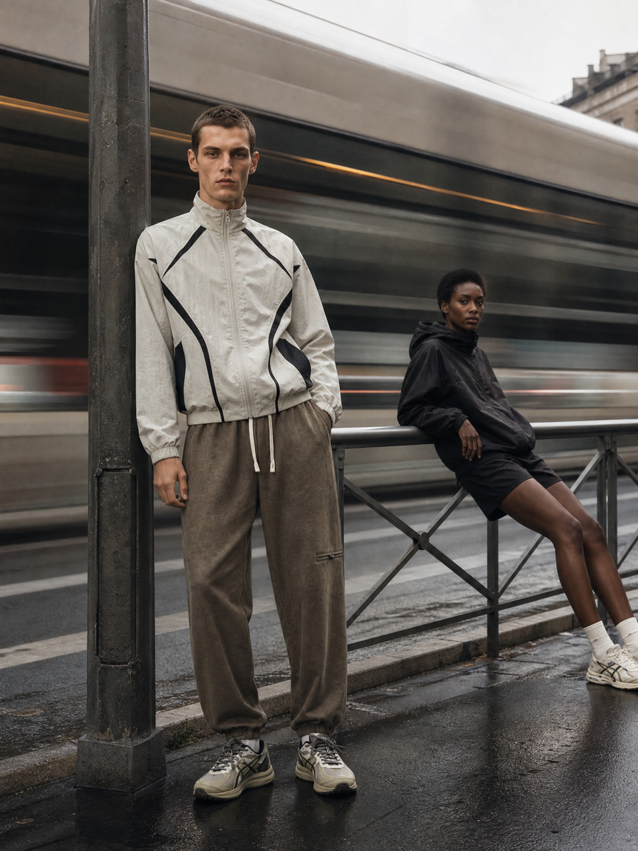 Man in track jacket and joggers at a station platform — Weezy On The Move menswear collection