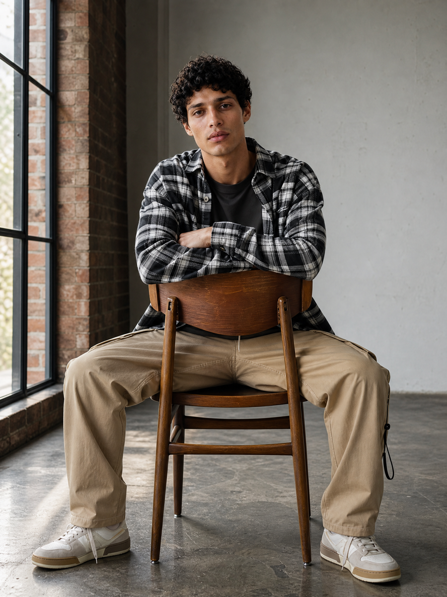 Man in checked overshirt over t-shirt with cargo pants — Weezy Weekend menswear collection